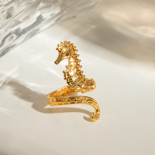 Ocean 18K Gold Stainless Steel Seahorse Opening Ring - Image 3