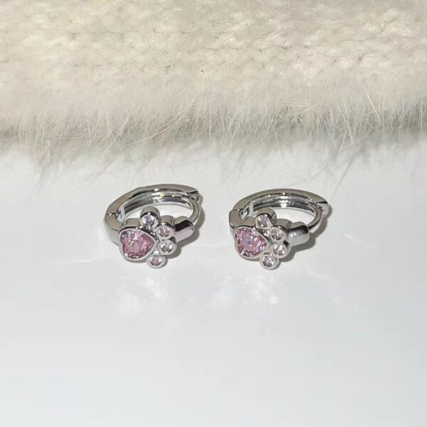 Female Diamond Studded Love Cat Foot Earrings - Image 2