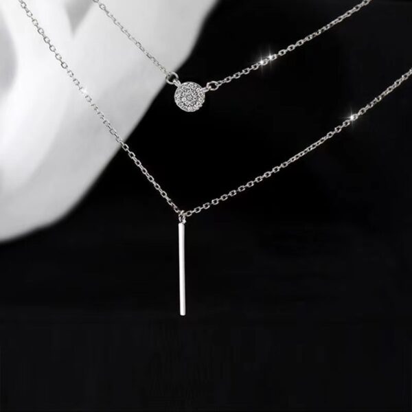 S925 Silver Color Double Chain Long Stick Micro Pave Zircon Round Pendant Necklaces For Women Trendy Jewelry - Image 4