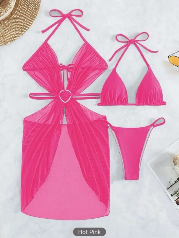 3pcs Halter Neck Bikini Beach Summer Solid Color Split Swimsuit Womens Clothing - Image 7