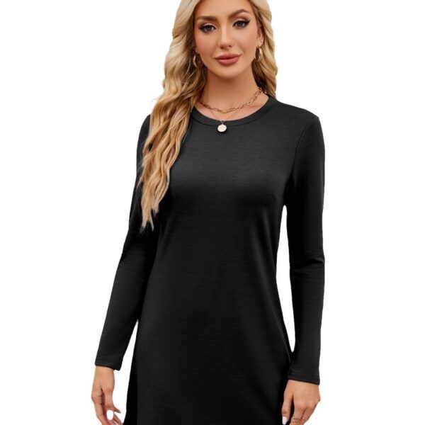 Women's Round Neck Slit Hemline At Hem Long Sleeve Casual Dress - Image 4